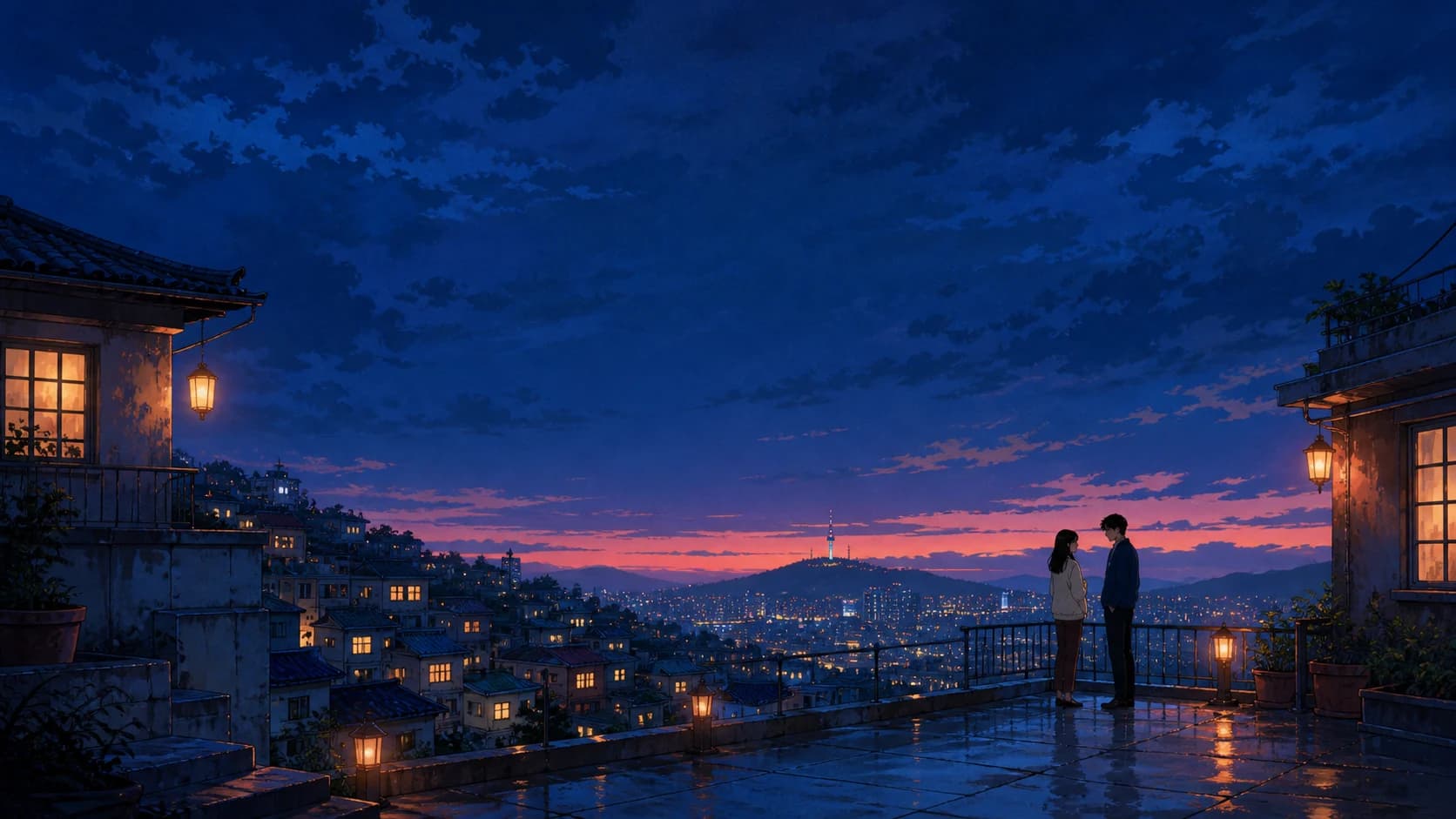 Hand-painted anime artwork of an adult couple on a lantern-lit terrace above a blue and peach evening city.