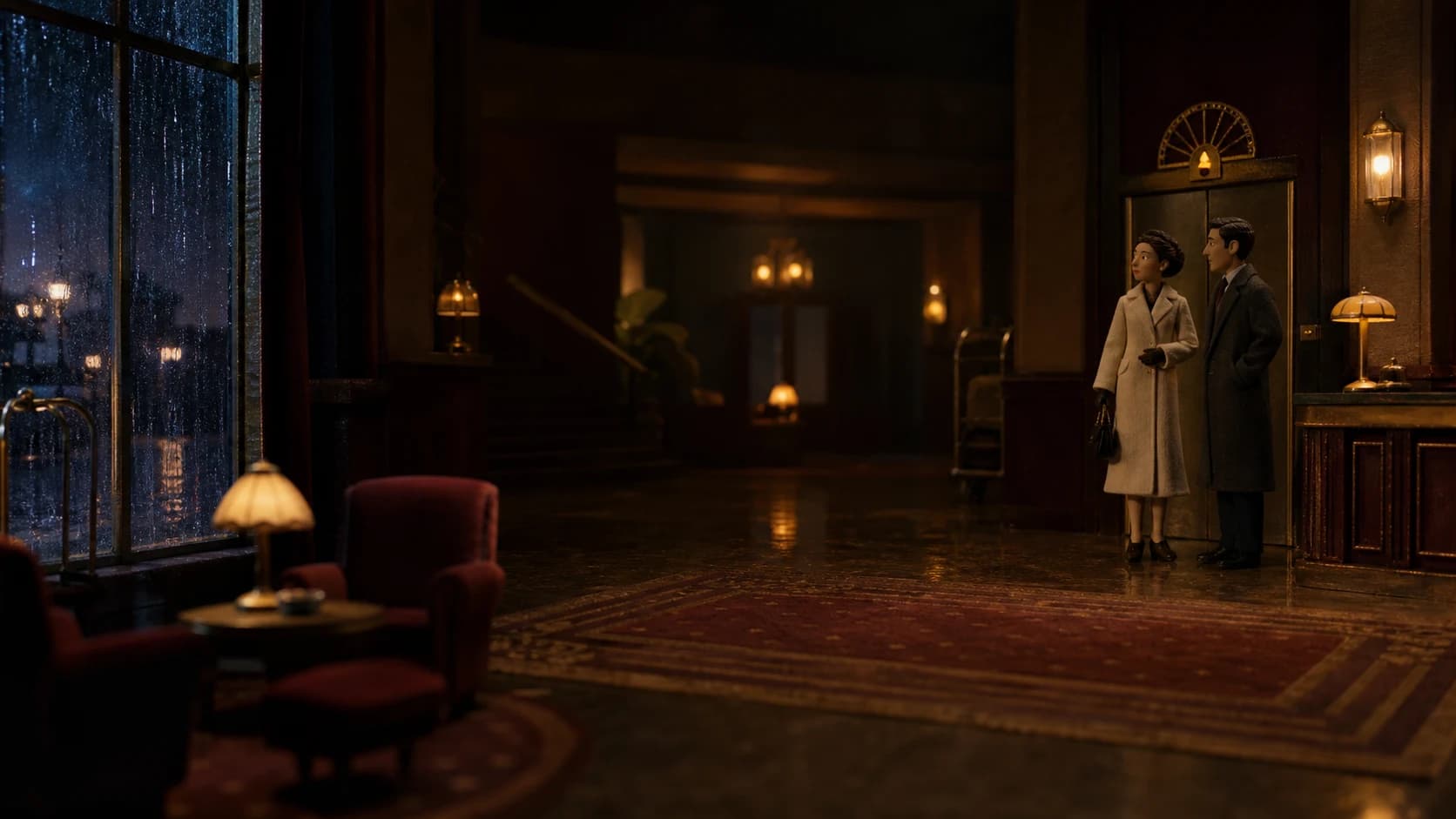 Handcrafted miniature-style artwork of two adults in a warm amber hotel lobby beside a rainy blue window.